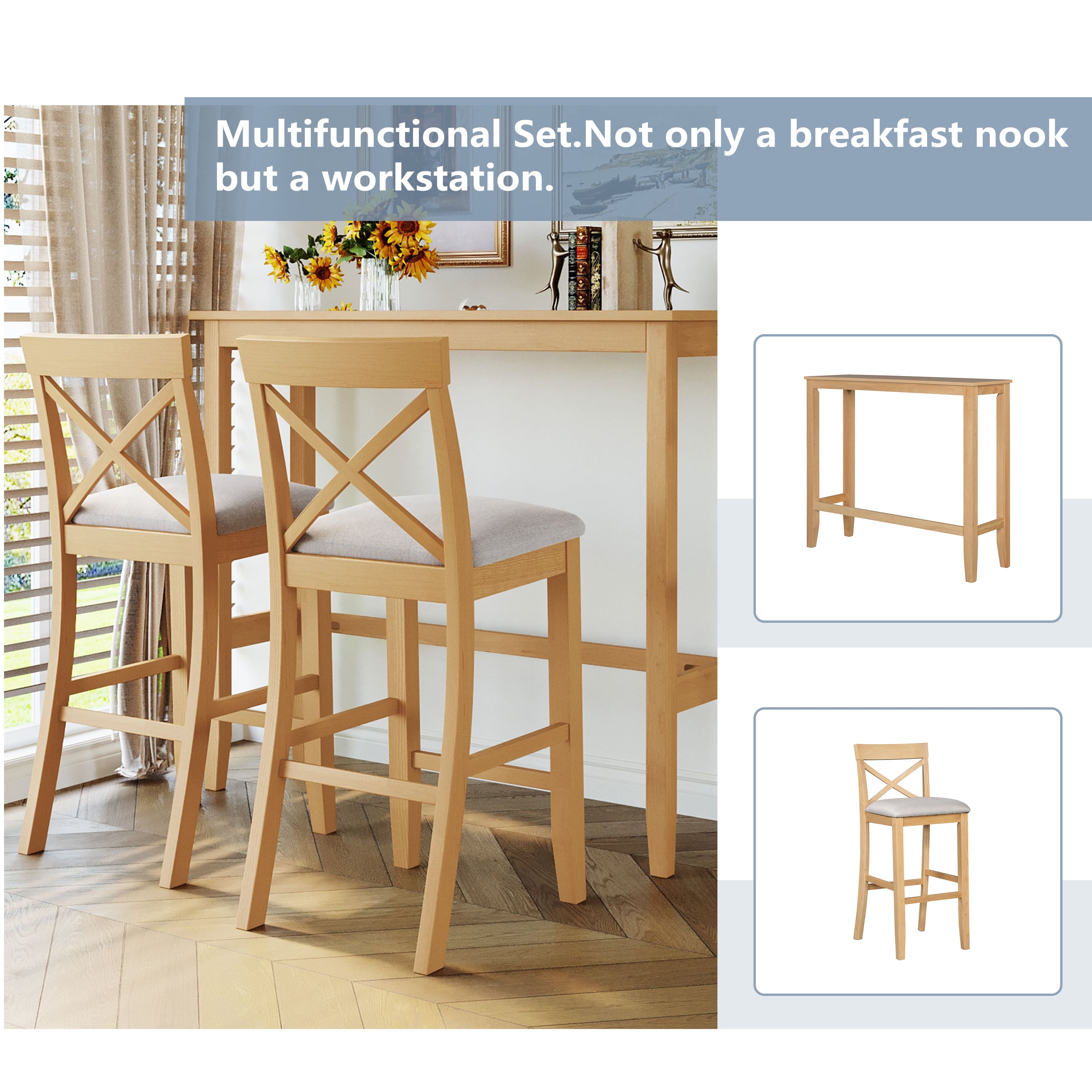 Yoneston Farmhouse 48" Rectangular Bar Table Set of 2, Bar Height Breakfast Nook Set with 2 Upholstered Chairs for Kitchen Dining Room, Natural&nbsp;& Beige