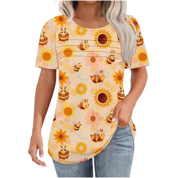 Pullover de Cuello Redondo de Manga Corta para Mujeres con Pecho Plisado Y Impresión de Abejas, Poliéster Casual