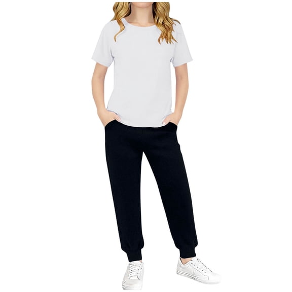 CYRBOKO Girls Outfit Sets, Short Sleeve Elastic Waist Casual 2 Pieces T-shirts and Joggers Sets White Size 10 T