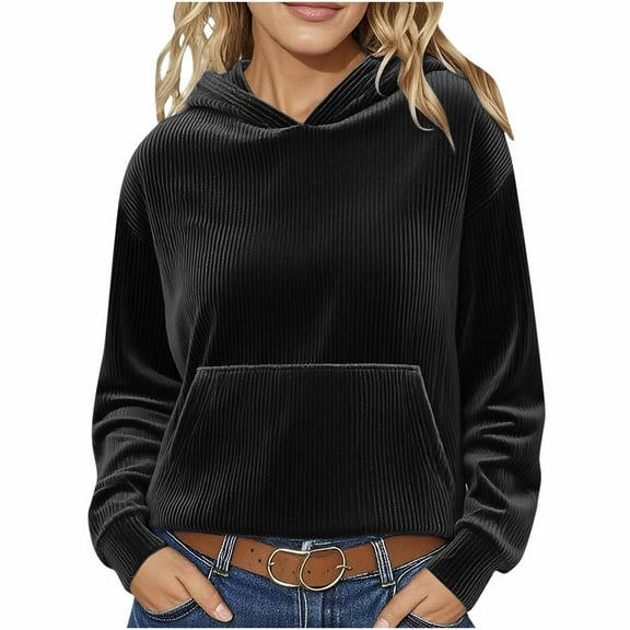 Fancifize Women's Corduroy Hoodies Sweatshirts Casual Long Sleeve Fall Comfy Outfits Pullover Tops Hooded with Pockets