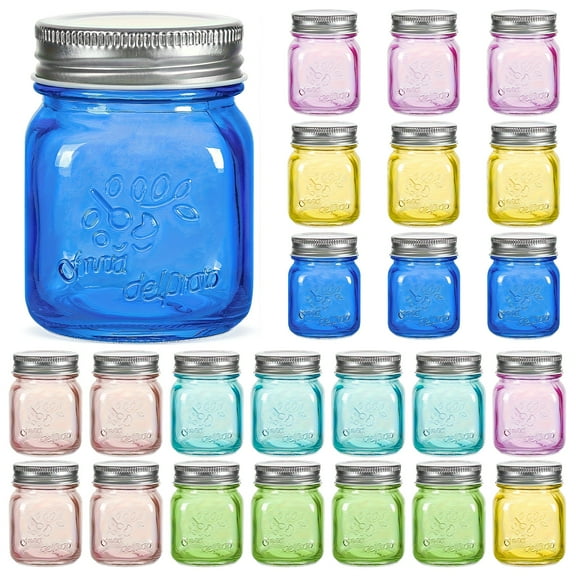 Amzcku Mini Colored Mason Jars 5 oz with Metal Lids - Glass jar for Jam, Honey, Candle, Canning, Wedding Favors, Shower Favors, Food Storage, Jelly, Spice Jars, 24 Pack