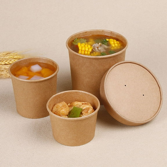Masteelf 50 Pcs Clear Cups with Lids Kraft Paper Soup Cup To-go Soup Cups 9*8.5 Cm