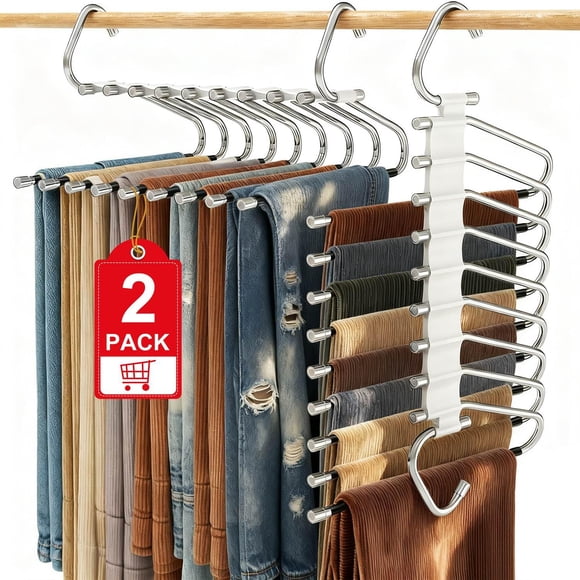 WONDOCK Perchas Multifuncionales Tipo S de 9 Niveles, Acero Inoxidable, Plegables y Antideslizantes, Ahorro de Espacio, Organizador para Pantalones, Faldas y Bufandas (2 Pack)