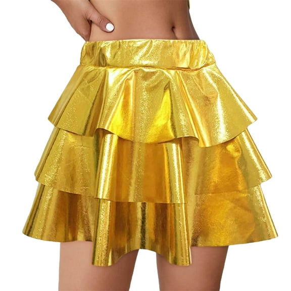 OGLCCG Girls Metallic Short Skirt Sparkly Shiny 2-Layer Ruffle Cake Skirts For Party Cheerleaders Puffy Gauze Skirt Tutu 5-15 Years