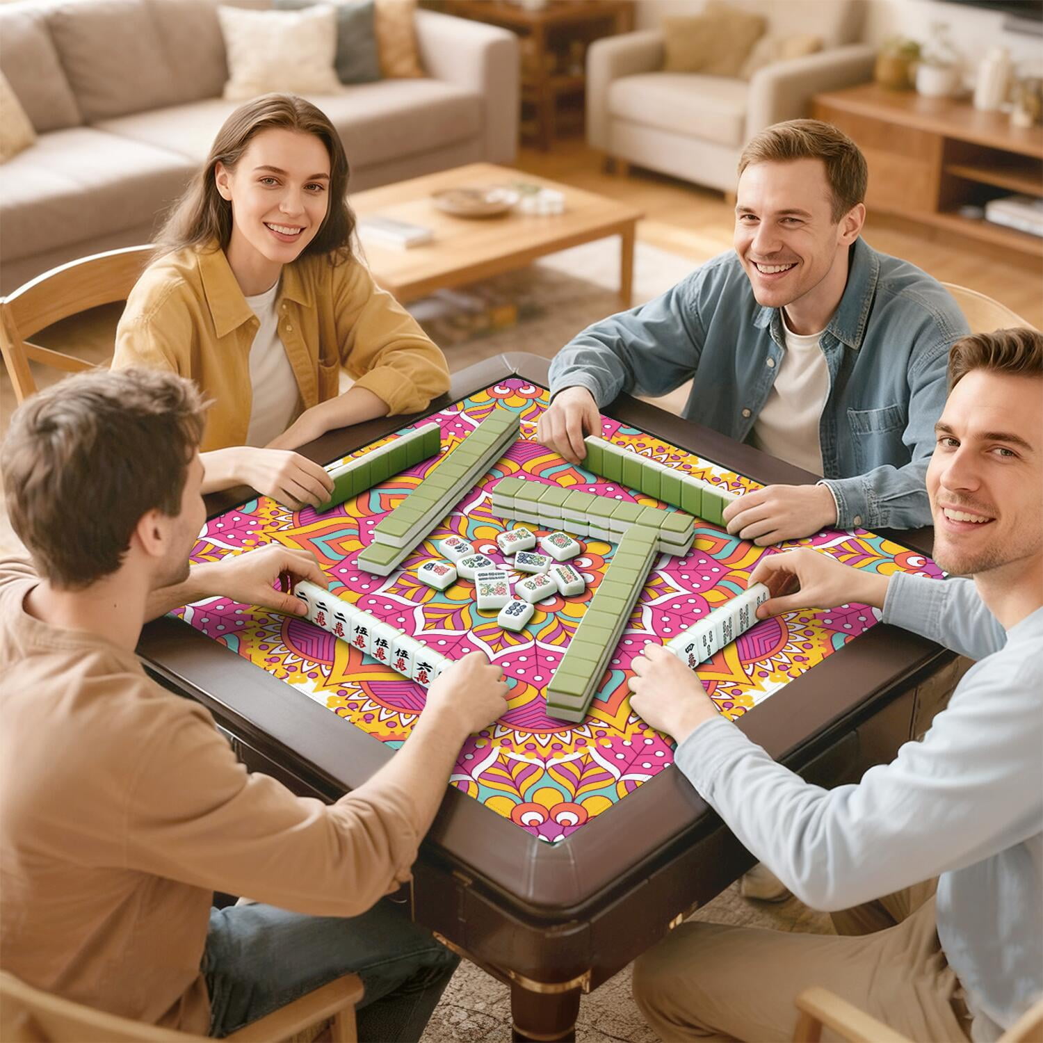 Mandala Mahjong Mat for Table, 31.5*31.5in Anti Slip American Mahjong Table Cloth, Noise Reduction, Neoprene Mah jongg Mat with Carrying Bag & 3 Dices, Mahjong Accessories Gift, Board Tile Games Mats