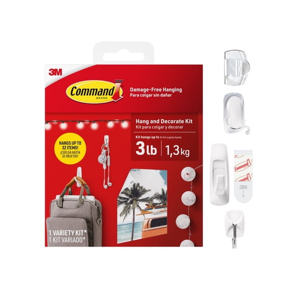 Command Hooks Hang and Decorating Kit, Holds 3 lbs, White, Damage Free Variety Pack, Hangs 32 Items