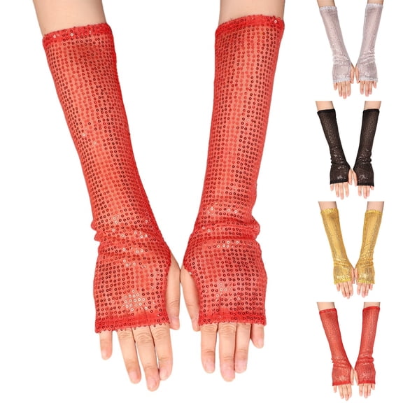 Migroa Women's Sparkly Fishnet Gloves, Long Mesh Glitter Gloves for Halloween Party Costume Black Universal Fit