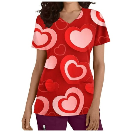 

Women s Working Uniform Short Sleeve V-Neck Tops Cute Love Printed Scrub Tops Nursing Workwear