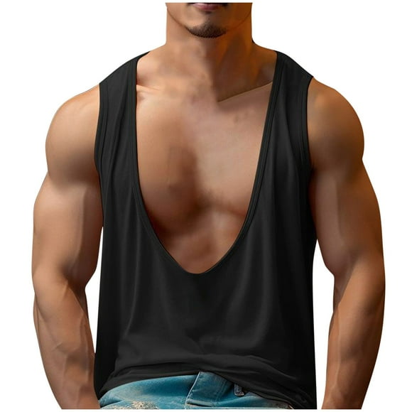 pstuiky Camiseta sin mangas para hombre, Camiseta de cuello en V grande para hombre, sudadera informal fina de color liso, sin mangas, transpirable, con hombros descubiertos, deportiva xl