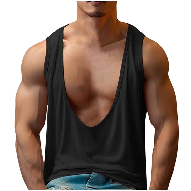 pstuiky Camiseta sin mangas para hombre, Camiseta de cuello en V grande para hombre, sudadera informal fina de color liso, sin mangas, transpirable, con hombros descubiertos, deportiva xl