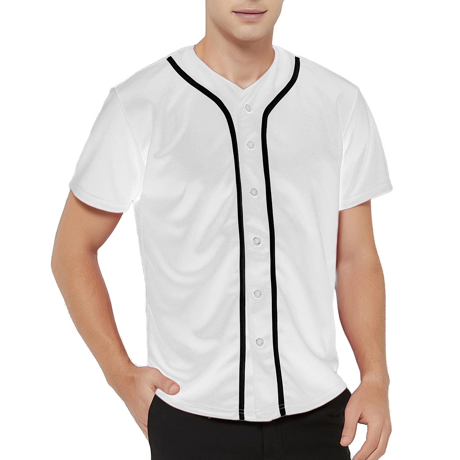 Toptie Men's Baseball Jersey Plain Button Down Shirts Team Sports  Uniforms-white black-L