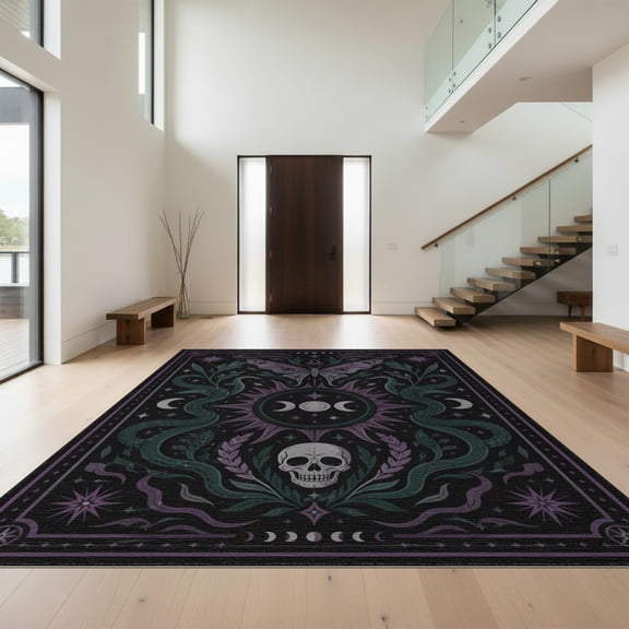 Design&I 8'x10' Washable Area Rug Extra Large Skid-Resistant Low Profile Dark Purple Black Celestial Design Mystical Motifs with Moon and Serpent for Living Room, Family