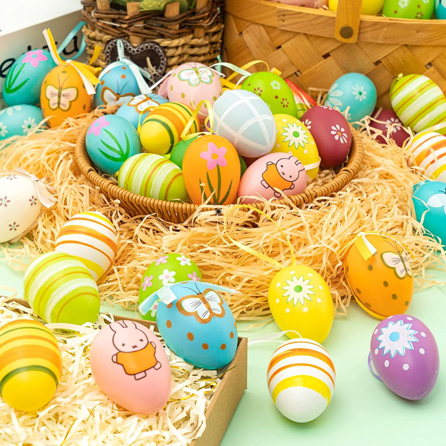 HeaCare Easter Hanging Eggs, 48Pcs Multicolored Plastic Easter Egg Hanging Tree Ornament, Decorative Hand Painted Eggs DIY Crafts with Various Style Stripes Dots Flowers