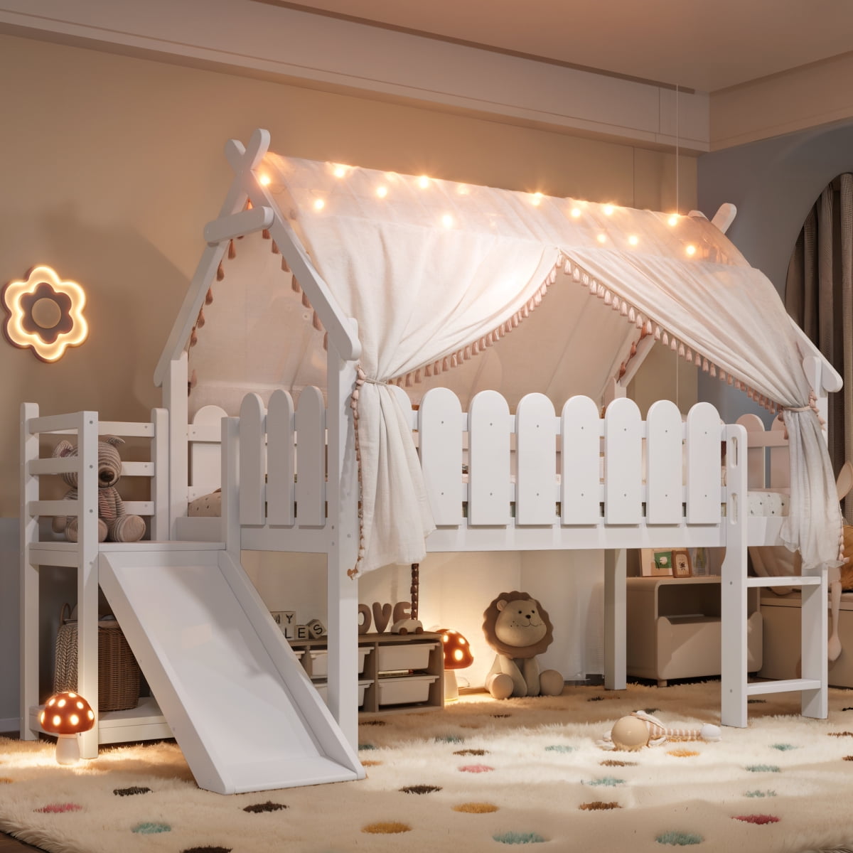 Twin Size House Loft Bed with Stairs And Ladders, Low Loft Bed with Storage Shelves, Lights, and Round Shape Guardrails, Childlike House Shape Design. White