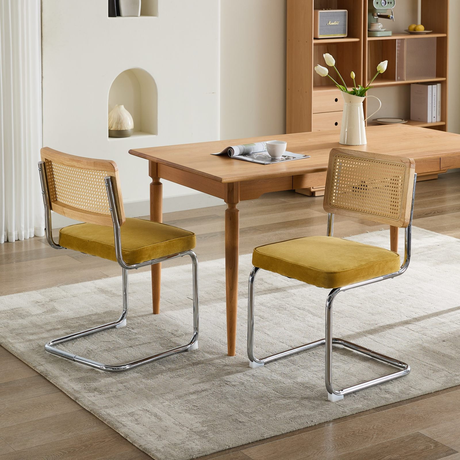 Mid Century Modern Dining Chairs Set of 2, Velvet Cantilever Chairs with Oak Rattan Back & Internal-External Steel Frame, 360 lbs Load, Gold