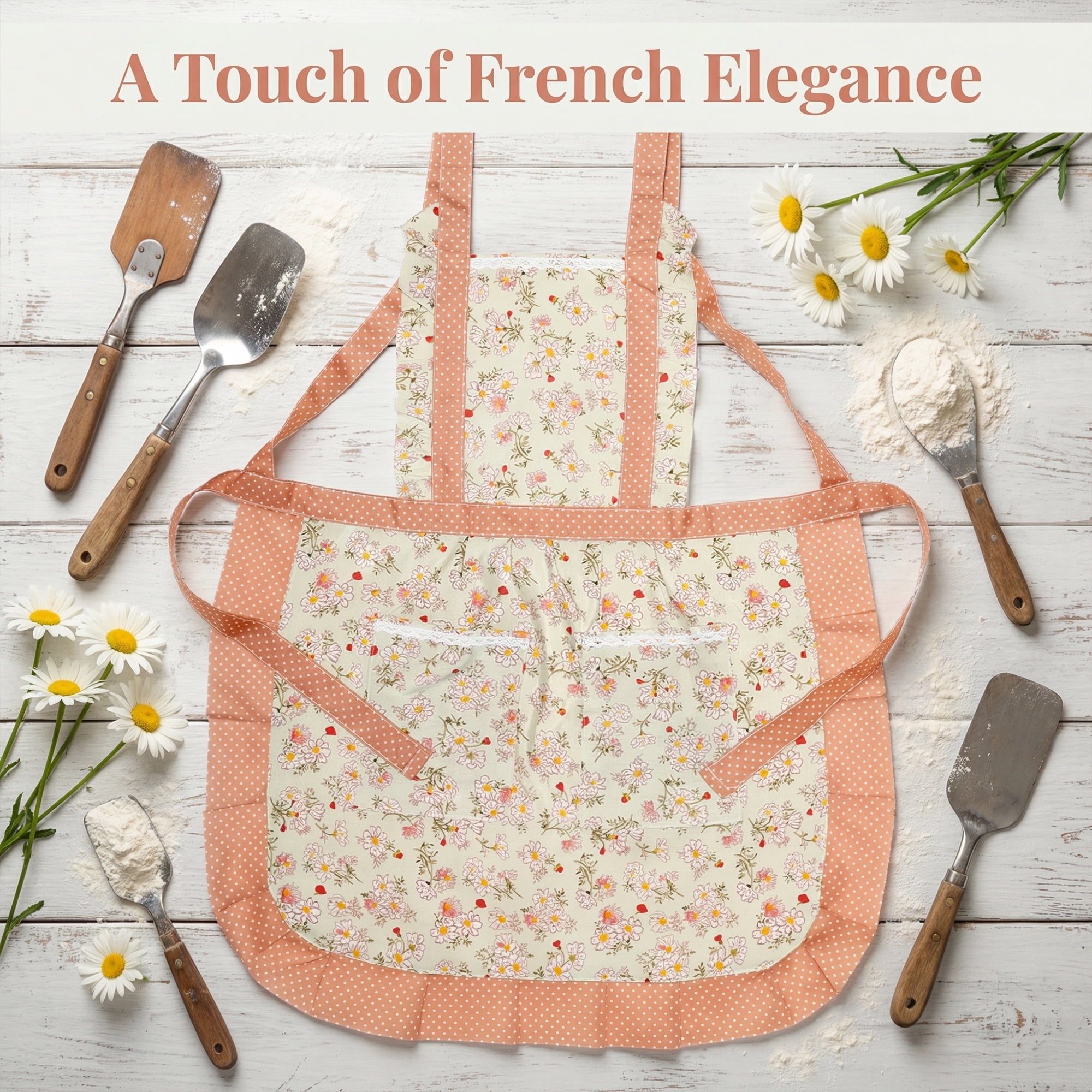 Unique Bargains Durable Floral Kitchen Apron with Pockets and Adjustable Tie Light Green
