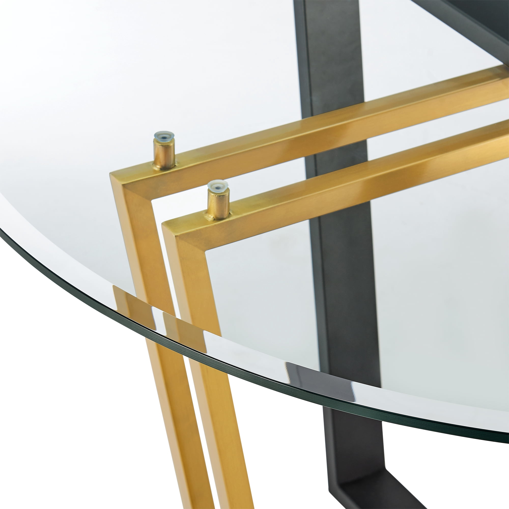 Devi 48" Round Dining Table in Gold Stainless Steel and Black Iron Base with Glass Tabletop
