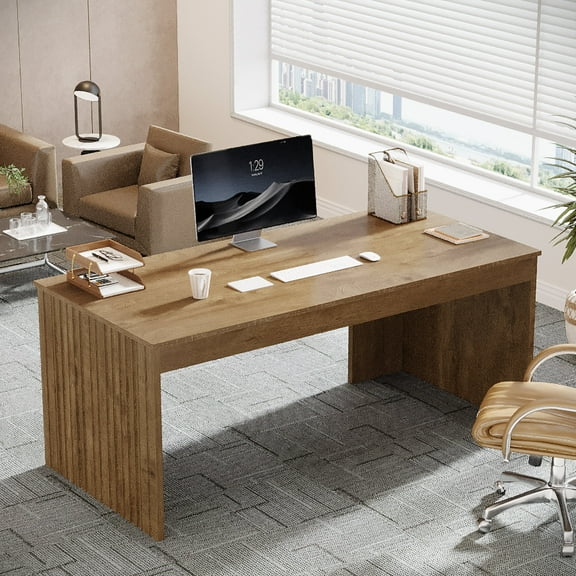 Finmind Modern Executive Desk, 63-Inch Large Office Computer Desk, Study Writing Table for Home Office, Brown