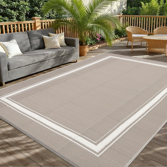 Waterproof Outdoor Rug 10x20 Reversible Plastic Straw Rug Carpet Modern Bordered Outdoor Camping Mat Outside Large Floor Mat for RV Picnic Backyard Porch Beach Balcony Grey/Coffee