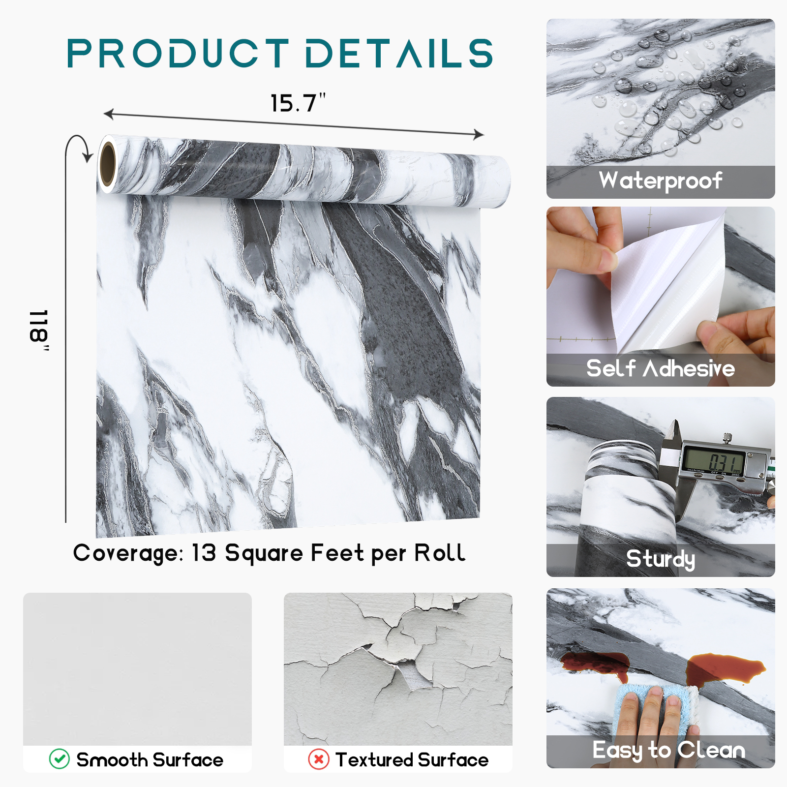 VEELIKE 15.7"x118" Black and White Marble Contact Paper for Countertops Waterproof Kitchen Countertop Peel and Stick Vinyl Wallpaper Self Adhesive Removable Matte Marble Wallpaper for Kitchen Bathroom