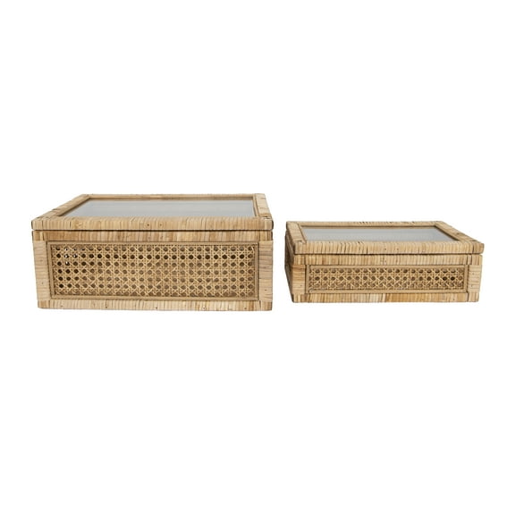 Creative Co-Op Woven Rattan Display Boxes with Glass Lids & Fir Wood Frame (Set of 2 Sizes)