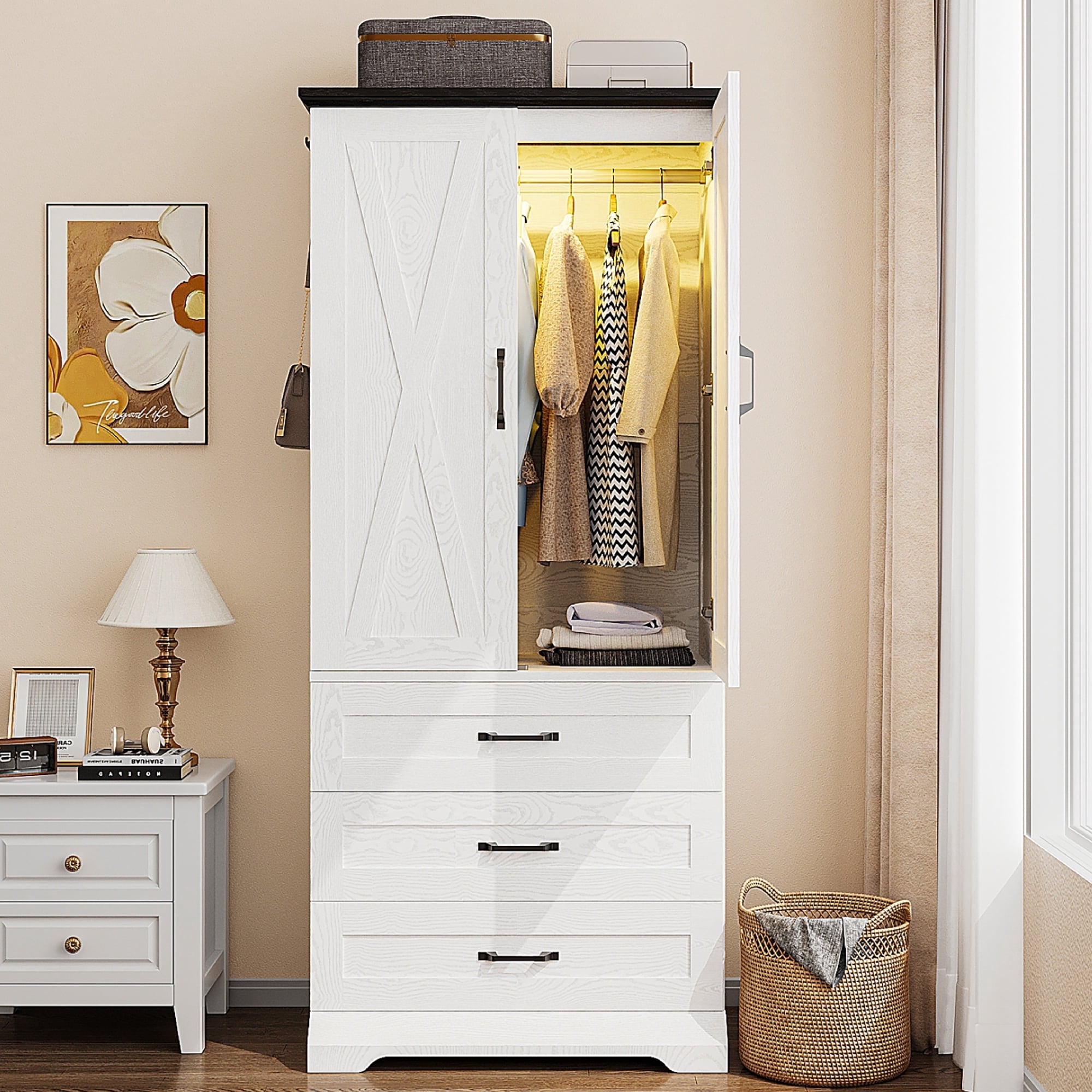 LIKIMIO 70.9"H Wardrobe Closet with Sensor Light and 3 Drawers, Wooden Bedroom Armoire Cabinet with 2-Door and Hanging Rod