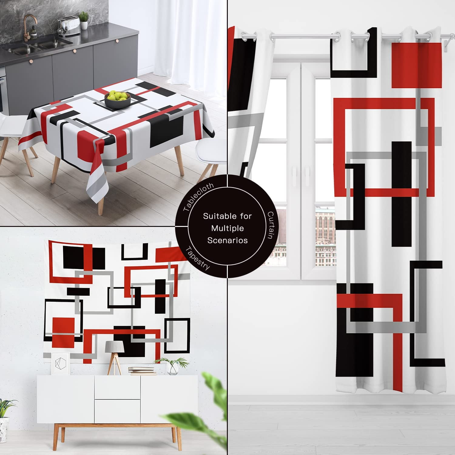 Red Black Geometric Shower Curtain Set Neutral Abstract Shower Curtains for Bathroom Modern Bathroom Decor Polyester Fabric-72" x 72"