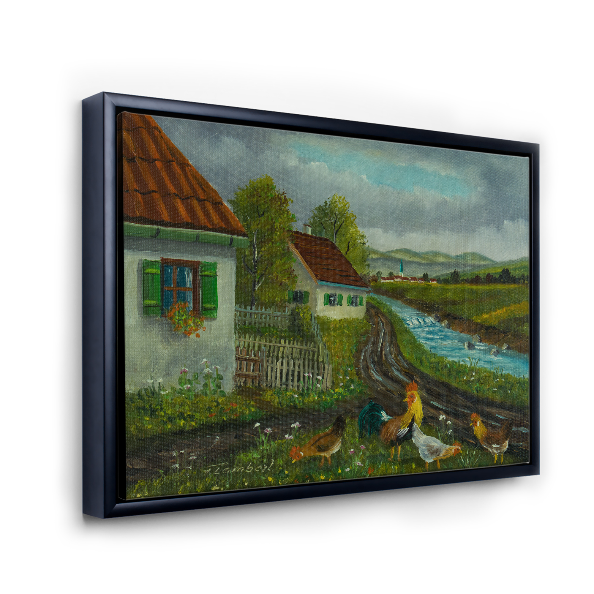 Designart 'A Cock and Three Chickens In A Meadow With Flowers' Farmhouse Framed Canvas Wall Art Print