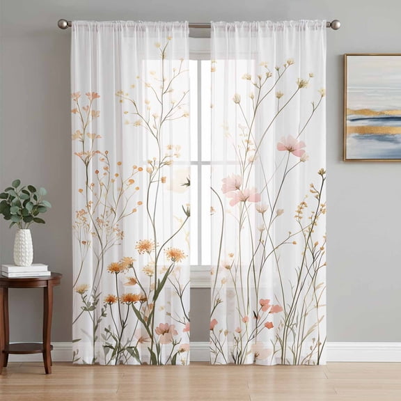 Pastoral Botanical Sheer Curtains 72 Inch Length 2 Panels Set, Vintage Watercolor Floral Voile Window Treatment Rod Pocket Curtains Sheers Drapes for Bedroom/Living Room/Kitchen 52"x72"x2