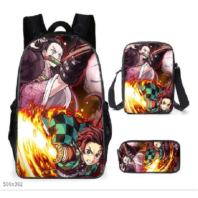 Mochila Dem@@2on Slayer, juego de 3 piezas: mochila para portátil con estuche para lápices y bolsa para el almuerzo.