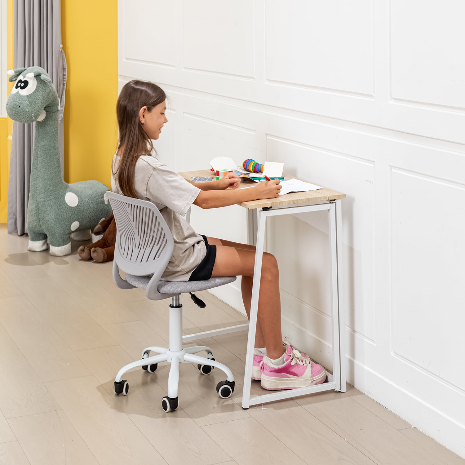Homy Casa Boys' Girls' Swivel Study Chair with Pink Fabric Seat and Adjustable Height, Grey Fabric