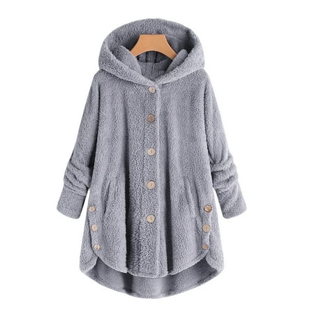 Fashion Women  Fluffy Tail Button Coat Tops Loose Sweater Hooded Pullover