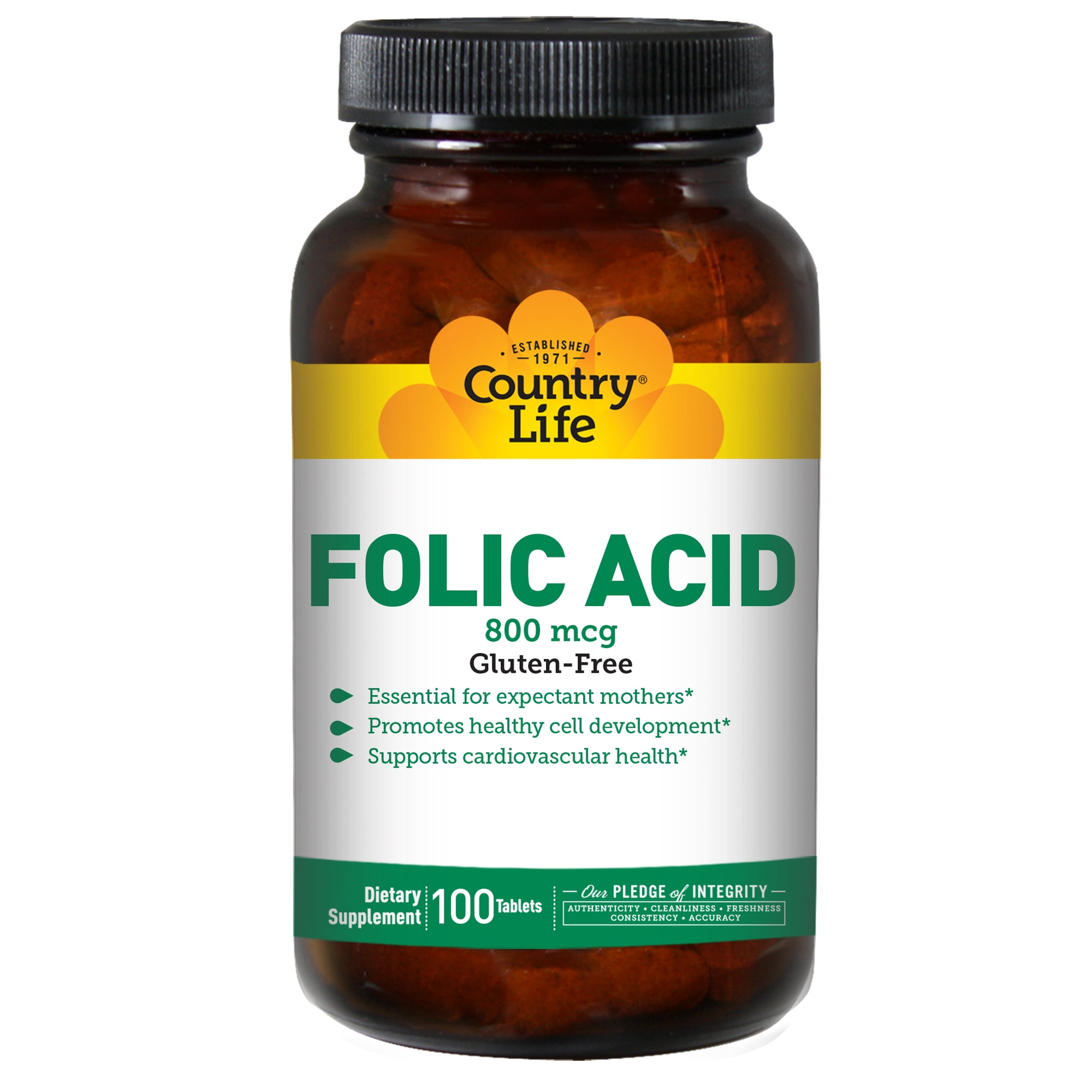 Country Life Folate 800 mcg Folic Acid, 100 Tablets | Supports healthy cell development and cardiovascular health; certified gluten-free, vegan, kosher and halal