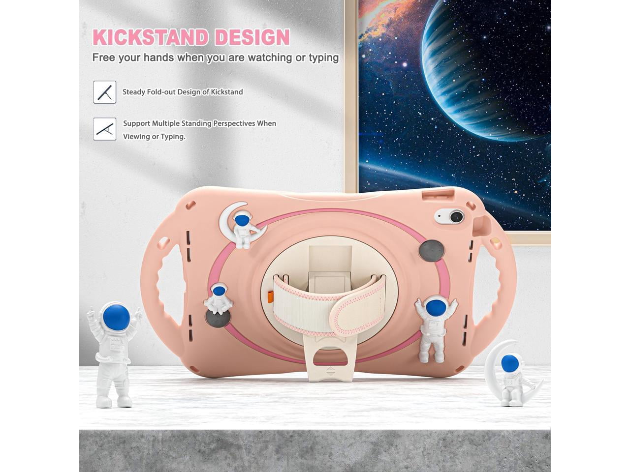 Cute Case for Apple iPad 10th Generation 10.9 inch 2022, Shockproof Silicone Astronaut Cover with Stand Shoulder Strap, Handle Grip, Pencil Holder Pink