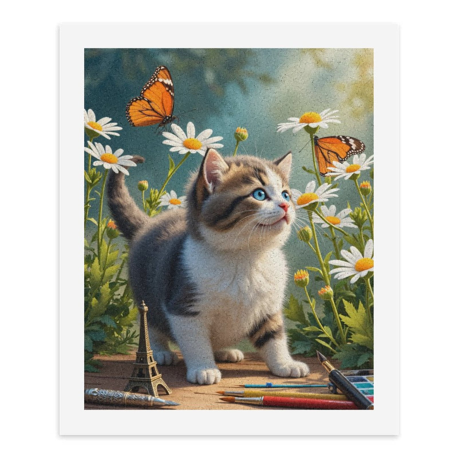 Paint By Numbers Kit for Adults Beginner - Kitten Butterfly Daisies Art Supplies DIY Canvas Painting Kits for Adults, Frameless Paint By Number for Adults for Home Wall Decor 16x20 Inch