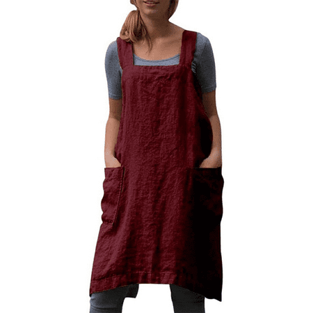 

Women’s Square Apron Baking Cooking Gardening Works Cross Back Cotton/Linen Blend Dress Red L
