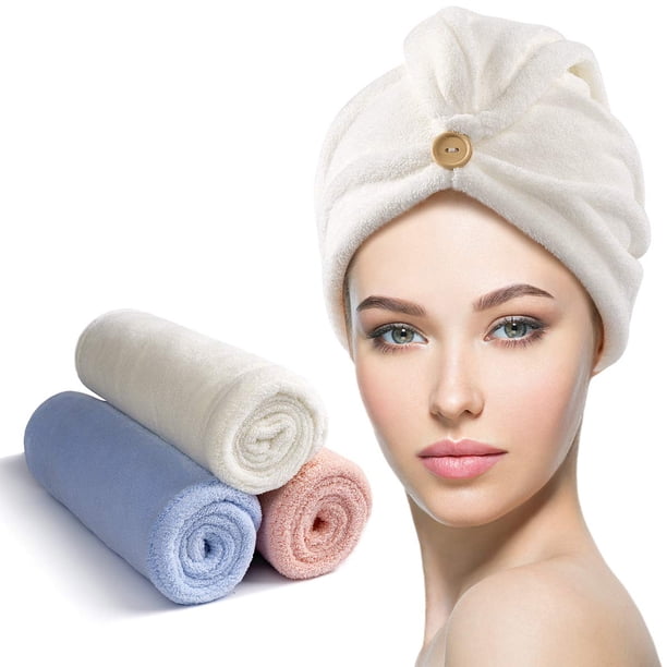 YFONG Toalla de microfibra para el cabello, paquete de 3 toallas para el cabello con botón, toalla para el cabello súper absorbente para cabello rizado, toalla turbante para el cabello de secado rápid