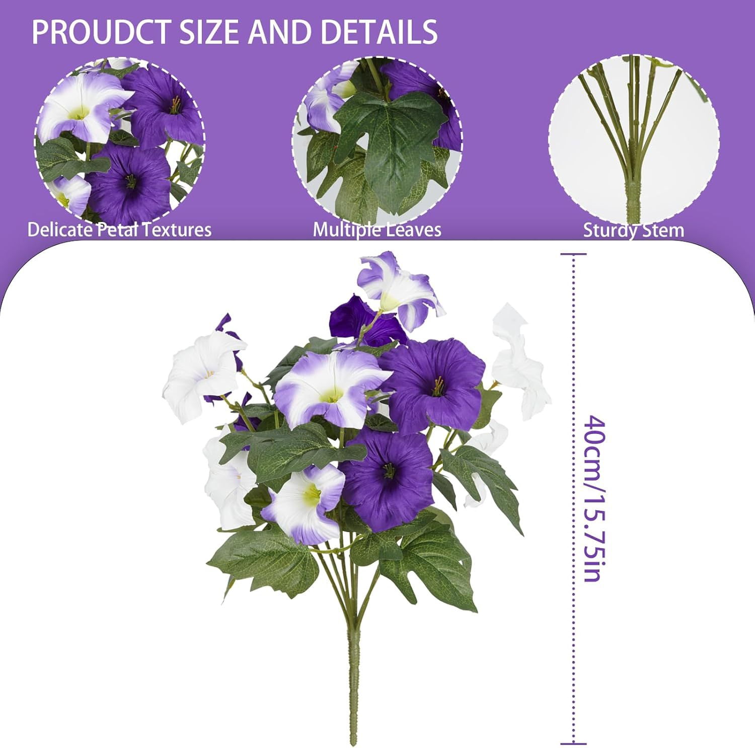 Artificial Flowers for Outdoors, 5 Bundles Realistic Fake Outdoor Flowers, UV Resistant Silk Petunia Flower for Outside Look Real Faux Flower Plants for Outdoor Porch Decor, Purple White