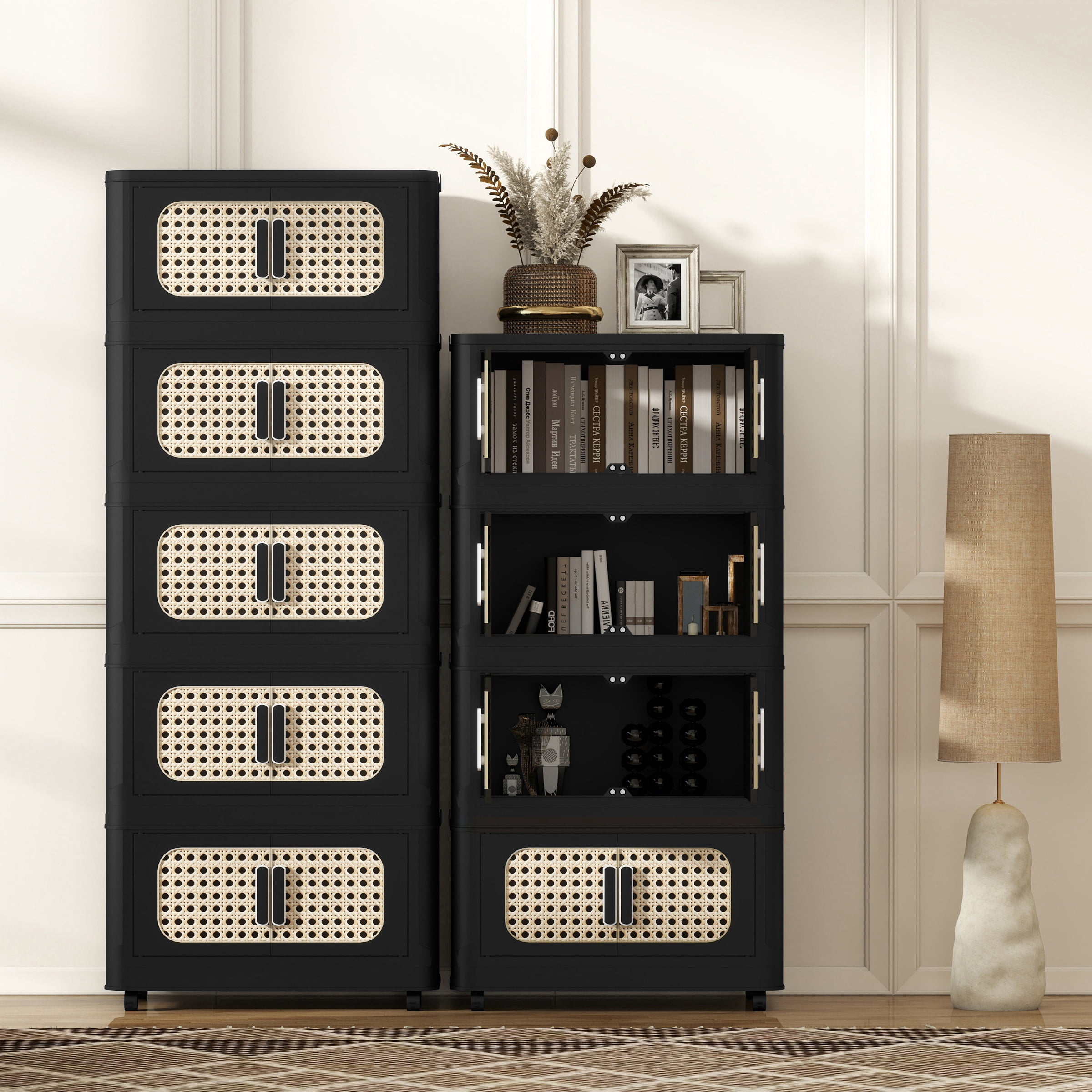 Retro Black Folding Storage Cabinet with Wheels, 4 Tier Collapsible Organizer Bin with Magnetic Door, 20" Wide Side Cabinet for Living Room, Kitchen, Bedroom, Plastic
