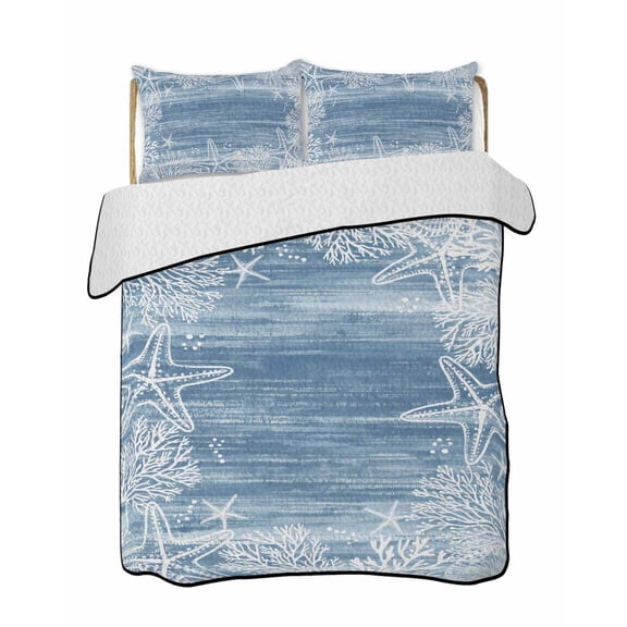 Twin Quilt Bedding Set, Blue Coastal Nautical Reversible Summer Quilt 3 Pieces, Summer Ocean Sea Waves Starfish Coral Lightweight Bedspreads Coverlets with 2 Pillow Shams for All Seasons