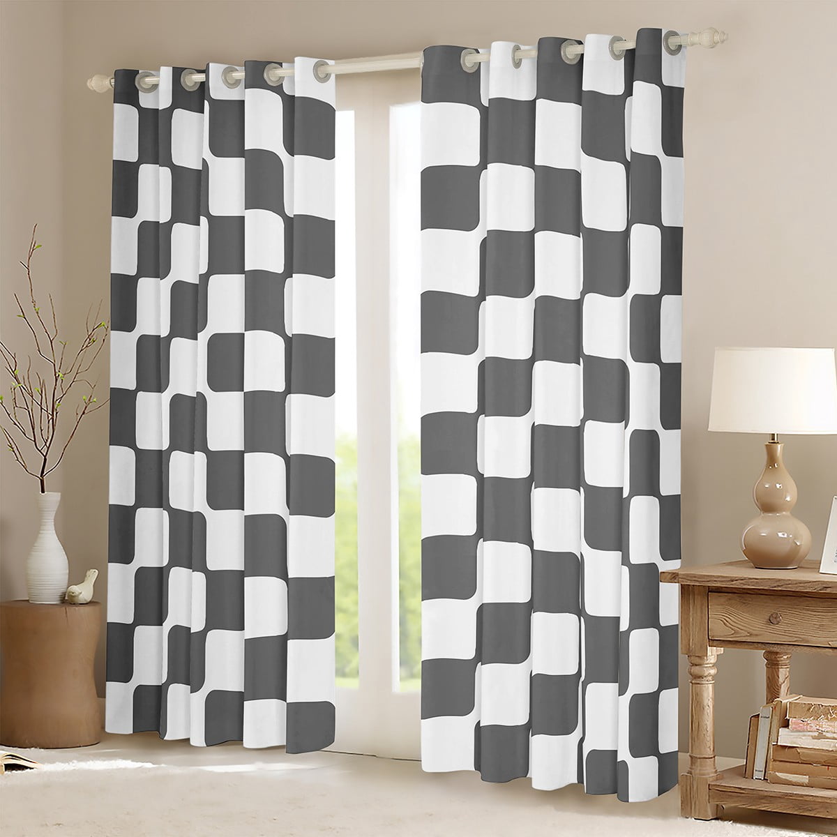 Manfei Geometric Geometric Checkered Curtains Pack of 2 (42x63),Abstract Geometrical Art Black Out Curtains,Gray White Curtains for Living Room,Ultra Soft Room Decoration