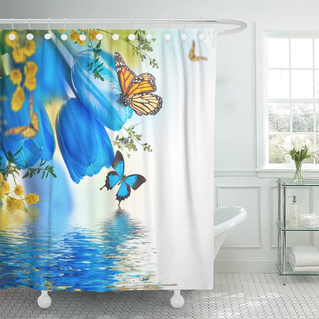 CYNLON Flower Blue Tulips Mimosa and Butterfly Spring Background Branch