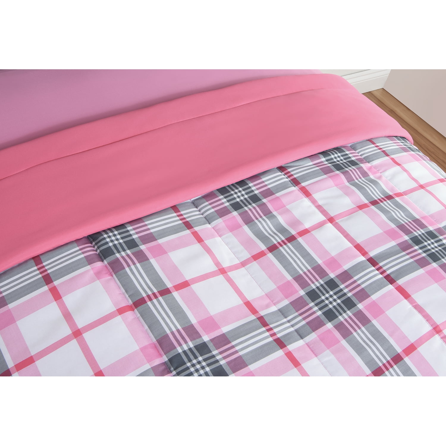 Mainstays Pink Plaid 8 Piece Bed in a Bag Comforter Set With Sheets, King