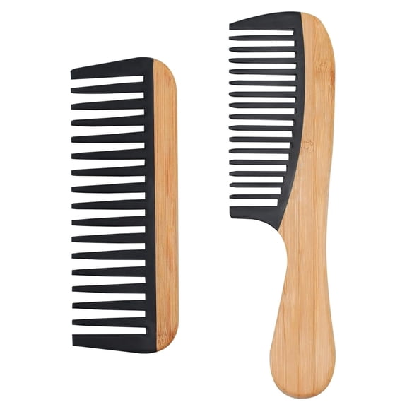 OPALESQUE 2 Pcs Bamboo Wide Tooth Comb Set - Wooden Wide Tooth Comb for Women, Anti-Static Detangling Hair Comb for Curly/Wet/Thick Hair with Bakelite Teeth