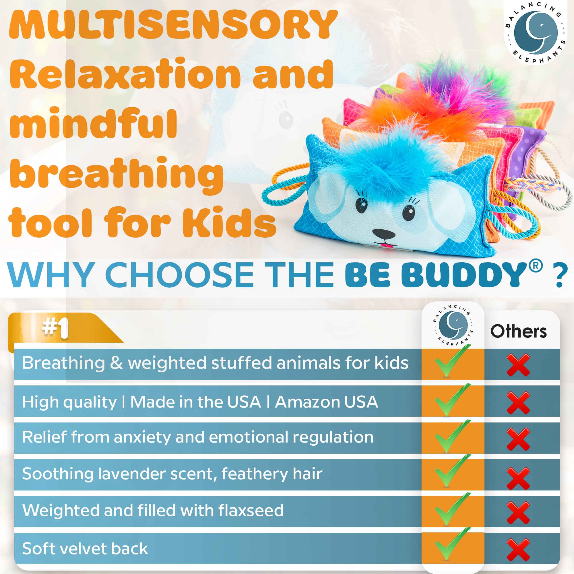 BE Buddy Multi-Sensory Weighted Stuffed Animal, Diaphragmatic Breathing Pillow & Lavender-Scented Eye Pillow for Kids | Calming Sensory Toys - Anxiety Relief, Stress Management | Blue