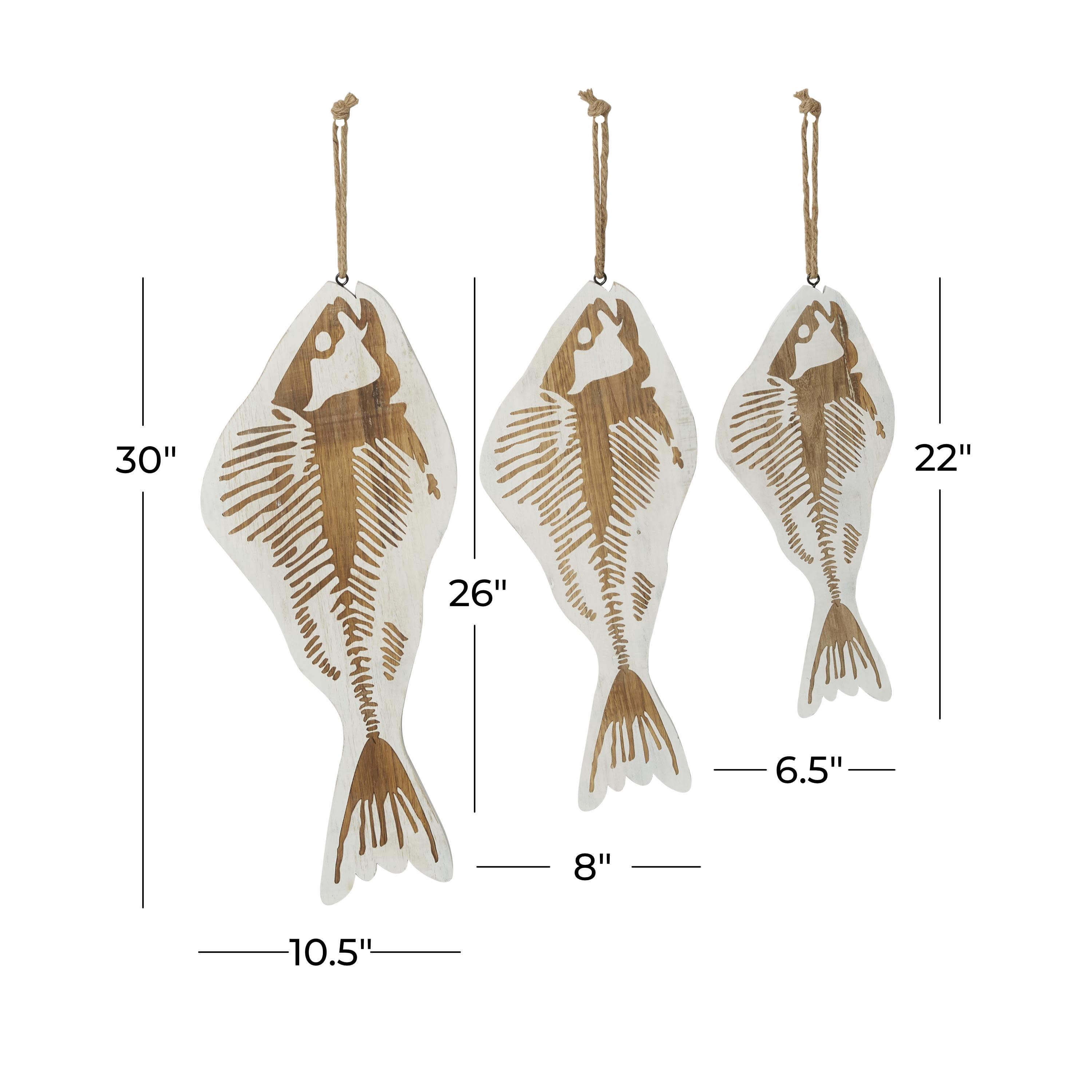 DecMode White Wood Fish Wall Decor with Hanging Rope (3 Count)