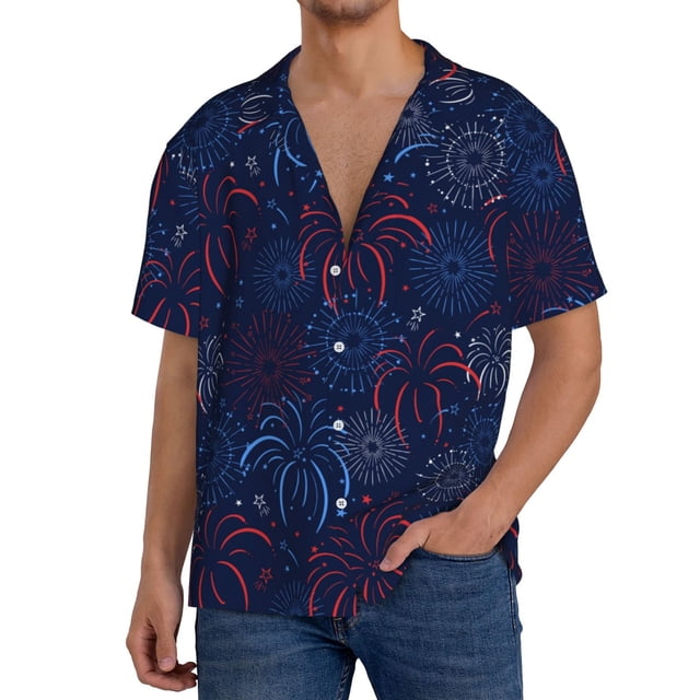 Fotbe Firework Camisa Estampada de Manga Corta para Hombre, Casual de Verano, Estilo Playero, Sin Arrugas-Medium