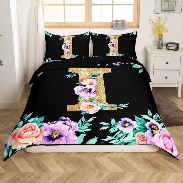 Erosebridal Housse de Couette Lettre Initiale A à Z Double, Housse de Couette I Monogrammée Double, Literie Réversible Chic à Fleurs Format Double, Décoration de Chambre Super Douillette, 3 Pcs (Sans Couette)