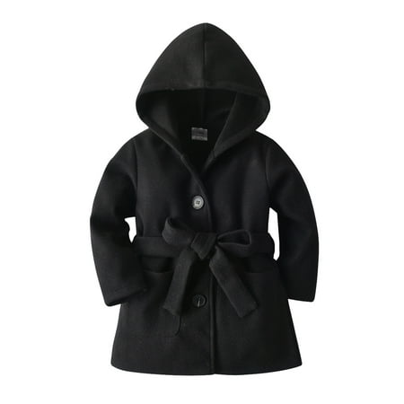 

Toddler Girls Winter Long Sleeve Warm Woollen Hooded Coat Jacket Belt Solid Color For Babys Clothes Black Fall Winter Coat Outwear For 12-18 Months