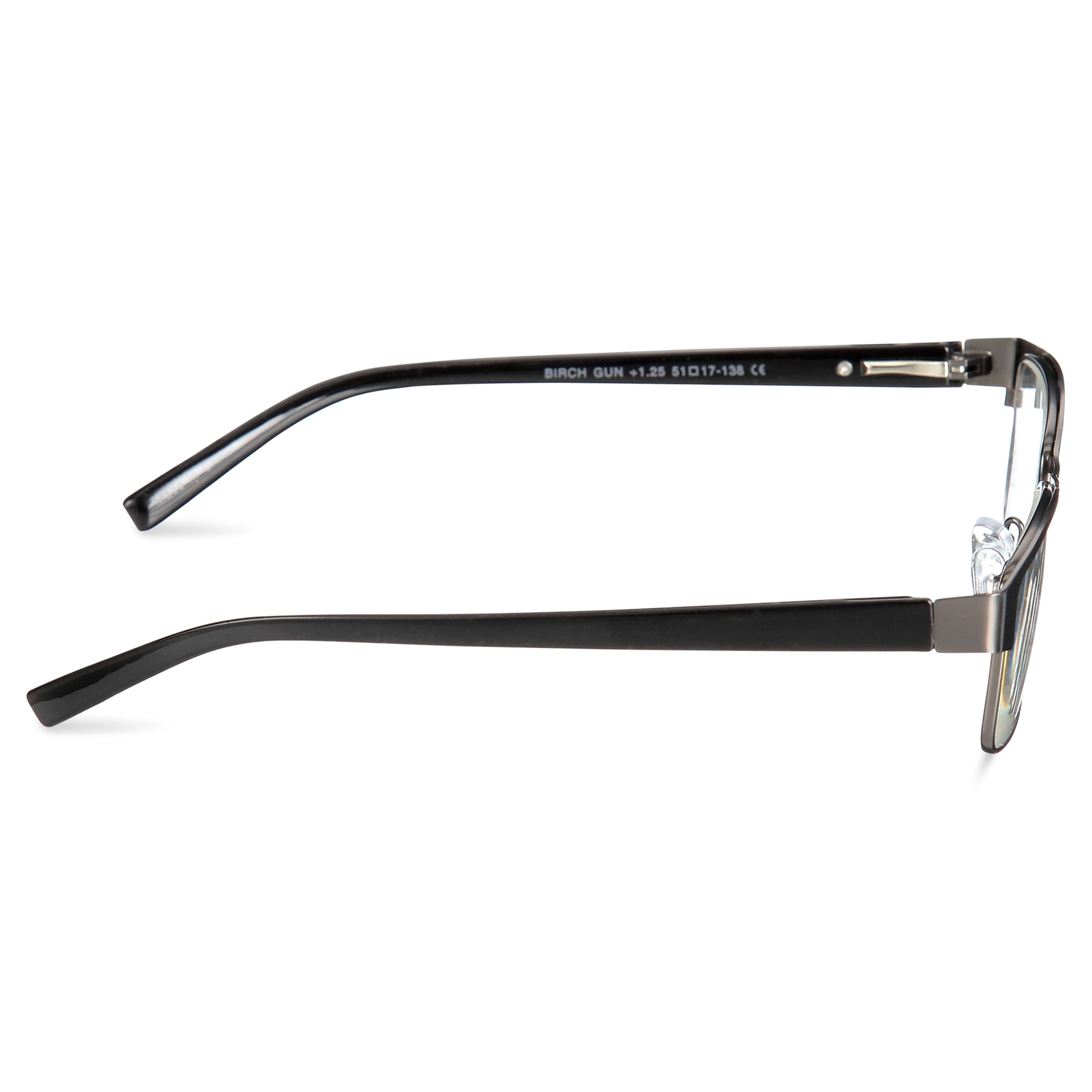 M+ Men's Birch +1.25 Rectangle Reading Glasses with Case, Gunmetal